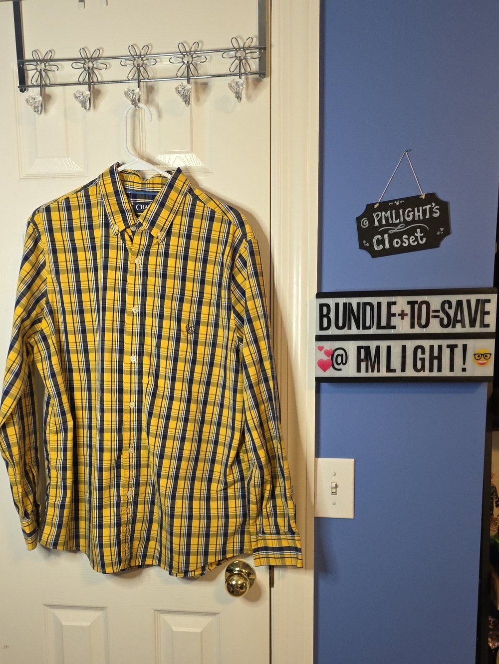 Chaps Yellow Navy White Plaid Button-Down Shirt Large Long Sleeve